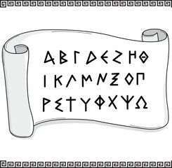 Greek meander border and ancient scroll with Greek alphabet. Decorative Greek letter writing on papyrus. Vintage hand lettering on paper scroll background. Vector illustration