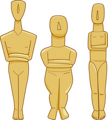 Ancient Greece Cycladic figurines. Historical Greek sculptures, marble decorative idols. Vintage, archaeological stone figures. Vector illustration