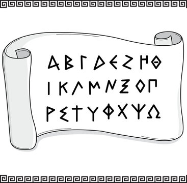 Greek meander border and ancient scroll with Greek alphabet. Decorative Greek letter writing on papyrus. Vintage hand lettering on paper scroll background. Vector illustration