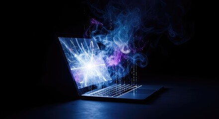 Laptop with bright digital light particles and swirling smoke bursting from screen and keyboard symbolizing data flow cybersecurity or virtual reality