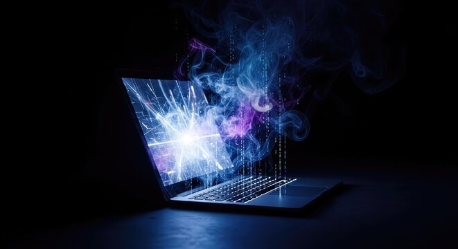 Laptop with bright digital light particles and swirling smoke bursting from screen and keyboard symbolizing data flow cybersecurity or virtual reality - Powered by Adobe