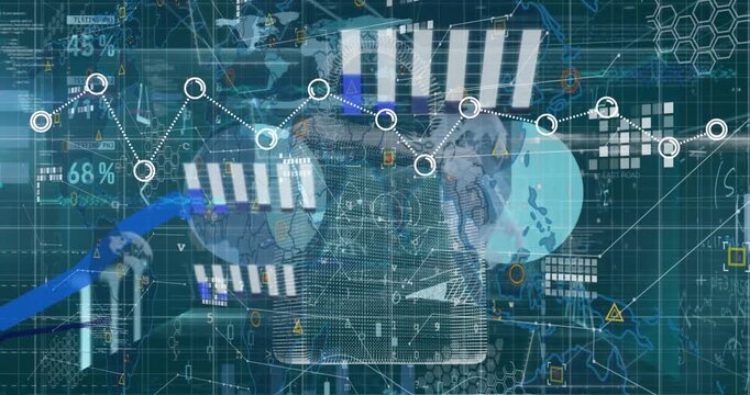 Animation of statistical data processing over security padlock icon against green background