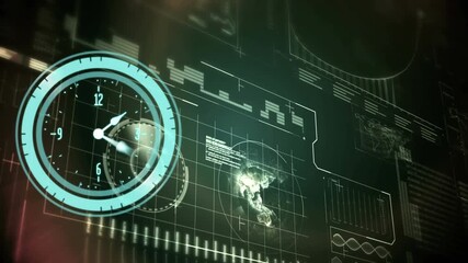 Animation of neon ticking clock over interface with data processing against green background - Powered by Adobe