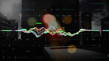 Animation of data processing and light spots over cityscape - Powered by Adobe