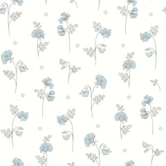 seamless floral pattern, textile pattern, fabric print in classic liberty style on white background, delicate floral, blue flower. surface design for home textile, wallpaper pattern, print ready