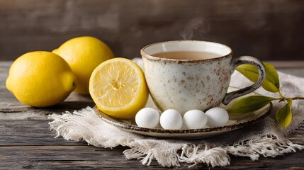 Aromatic cup of warm tea with fresh lemons & sugar, perfect for a soothing experience. A cozy moment with citrus fragrance, wooden table backdrop. Enjoy!
