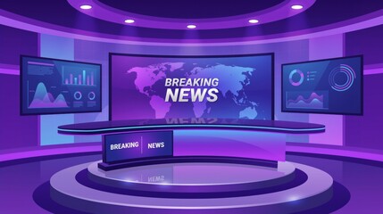 Modern Virtual News Studio, Professional Broadcast Background, Futuristic Television Set, Breaking Media Room, Digital Communication Stage, Purple Technology Illustration, World Map Screen, Copy Space