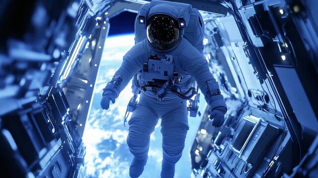 An astronaut floats inside a spacecraft with Earth visible outside the window against a backdrop of space