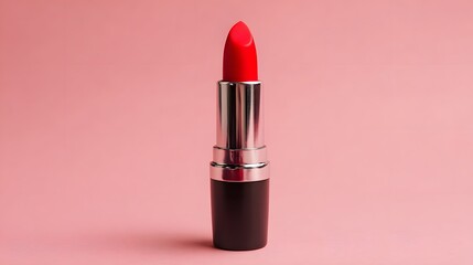 A sleek tube of vibrant red lipstick stands tall against a soft pink backdrop. The cosmetic item features a metallic silver casing, complemented by a matte 