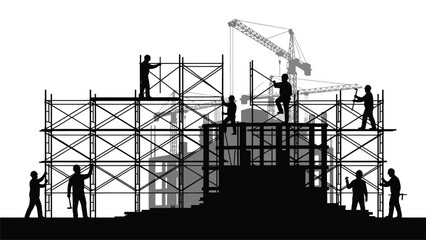 Construction site silhouette featuring workers on scaffolding and a towering crane