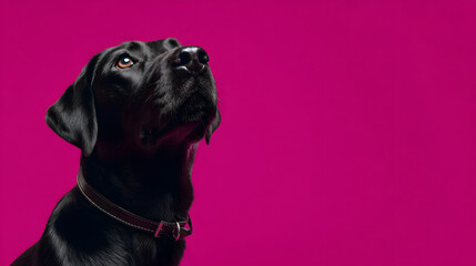 Fototapeta premium A black dog with a shiny coat stares intently upwards against a vibrant pink backdrop. The dog's collar is visible, contrasting with its dark fur, creating a striking visual.