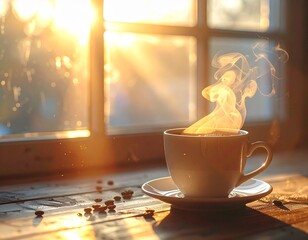 Taza de caf&eacute; humeante en primer plano, vapor visible formando remolinos, luz de ma&ntilde;ana entrando por una ventana, sensaci&oacute;n olfativa intensa y reconfortante