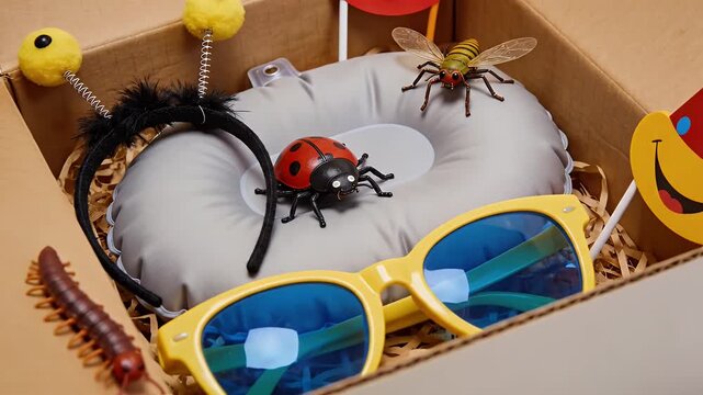 April Fools Concept, Open Cardboard Box with Insect-Themed Costume Accessories and Party Props