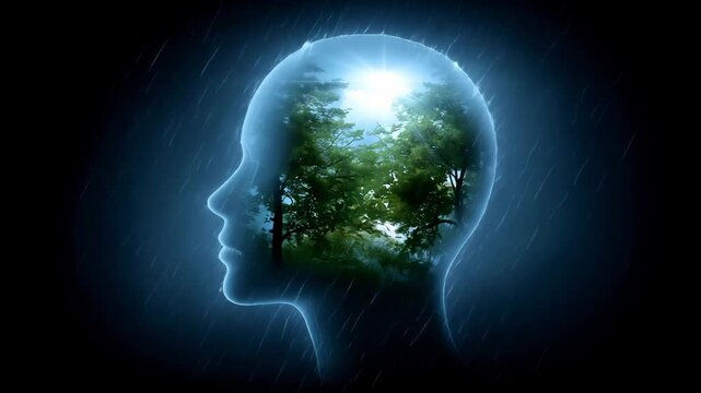 A human head silhouette filled with trees and clouds, illuminated by bright light on a dark blue background