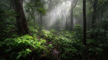 Fototapeta premium Misty rainforest at dawn with sunlight breaking through the dense canopy illuminating lush green foliage and undergrowth