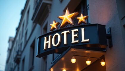 Hotel sign with three illuminated star icons on building exterior. Glowing lights above entrance. Architecture of a urban setting accommodation place at night