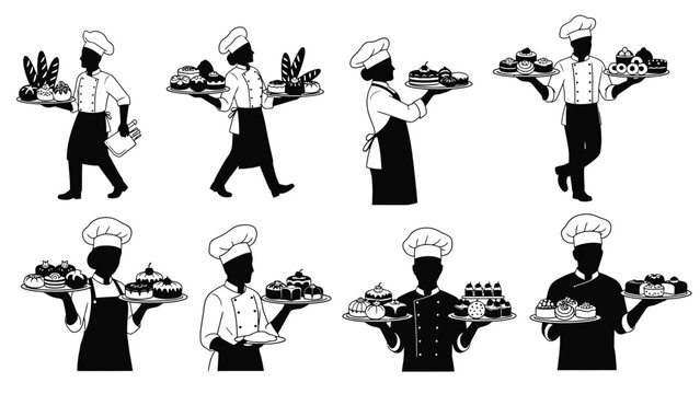 Black and white illustration of chefs carrying trays of baked goods