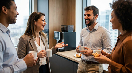 Business team in office having discussion during coffee break 