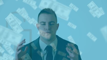 Animation of banknotes over caucasian businessman talking