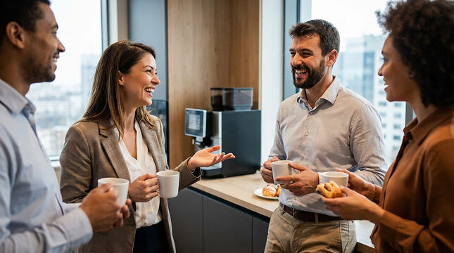 Business team in office having discussion during coffee break 