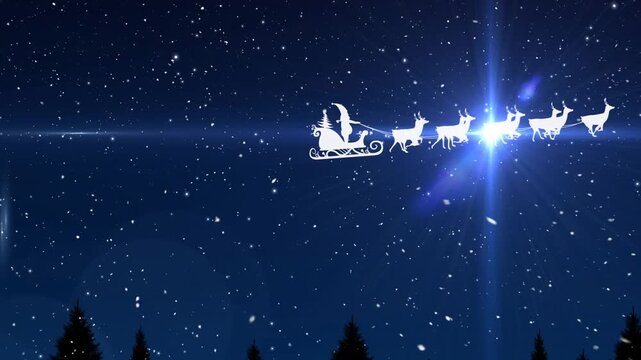 Animation of lens flare, santa riding sleigh against stars in sky during snowfall