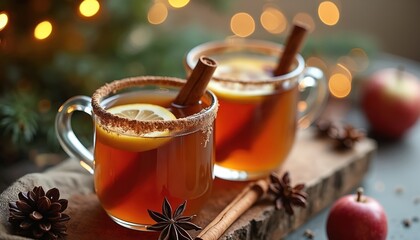 Two cups of spiced wassail sit on a wood plank. Holiday beverage is festive with cinnamon sticks and lemon slices. Aromatic fall drink. Cosy seasonal brew is warming, fragrant and tasty.