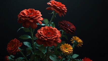 A beautiful bouquet of red poppy flowers with bright orange petals and green leaves blooms in a colorful summer garden, showcasing the vibrant flora and natural beauty of a spring macro blossom