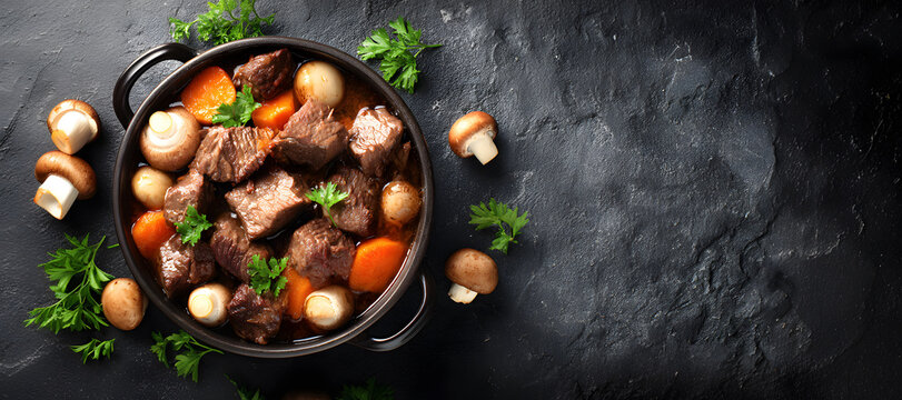 Hearty beef stew brimming with tender meat, sweet carrots, earthy mushrooms, and fragrant herbs. A comforting dish perfect for chilly evenings, served on a dark, rustic surface.