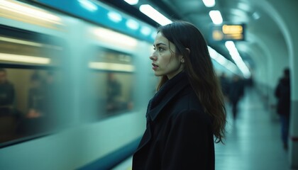Woman stands in a subway station waiting for a train. She looks thoughtful while a train speeds by creating motion blur. Urban commuting travel concept.