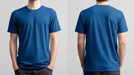 blue t-shirt mockup on model, neutral background