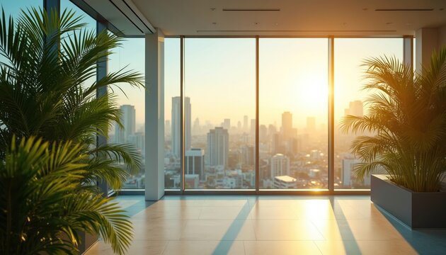 Bright modern office space with large window facing a cityscape. Palm trees grow inside. Sunlight streams through the glass creating an inviting workspace. City view inspires productivity.