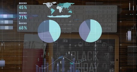 Animation of financial data processing over keyboard, tablet and banknotes on desk - Powered by Adobe