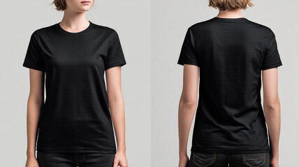 black t-shirt mockup on model, neutral background