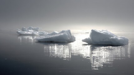 Majestic icebergs drift serenely in a vast glacial lagoon, reflecting the overcast sky in calm, cold waters.