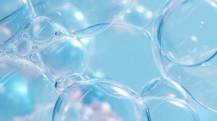 The Bubbles floating in translucent blue liquid with soft reflections and abstract highlights