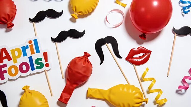 April Fools' Day party props including mustaches, lips, balloons, and a sign on a white background, viewed from above.
