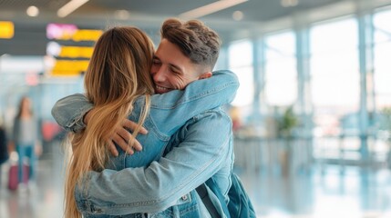The couple embraces at an airport terminal as they reunite with joyful smiles