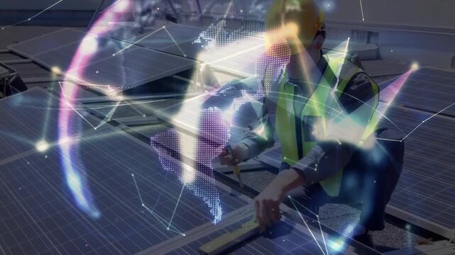 Animation of globe of plexus network over caucasian male engineer installing solar panels on terrace
