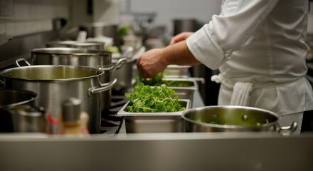 Chef preparing greens in a busy professional kitchen line with steam