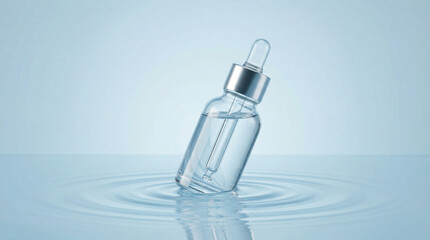 Clear cosmetic serum in glass dropper bottle with ripples on water surface