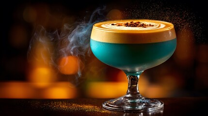 A vibrant cocktail, layered with hues of teal and gold, adorned with a delicate dusting of spice, creates a captivating visual delight. Smoke swirls enhancing the allure.
