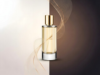 Elegant perfume bottle on decorative background with subtle reflections