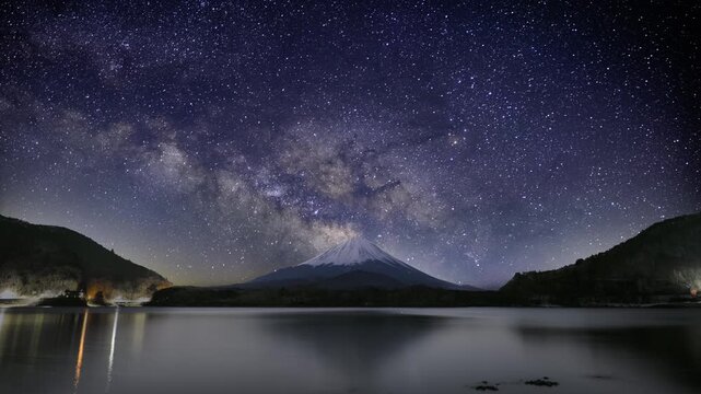 (4K,HDR,PQ) (Revised: White Balance, Deflickered) Milky Way Rising Above Snow-Capped Mt. Fuji from Lake Shojiko &ndash; Timelapse Night to Blue Hour &ndash;Fixed Black Crush, Noise Reduced&ndash;Astrophotography Japan