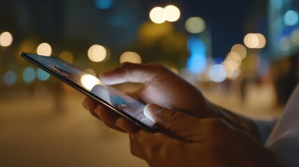 The Smartphone in Hands at Night on a City Street with Bokeh Lights
