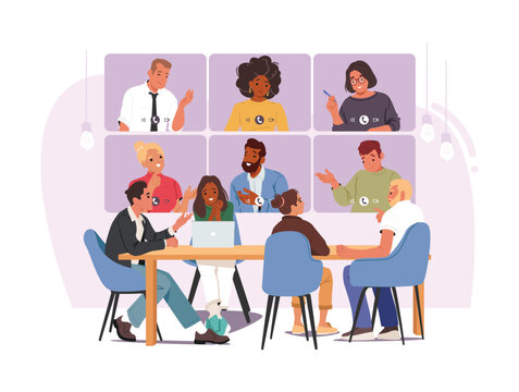 Hybrid work team having office meeting and video conference with remote colleagues cartoon scene