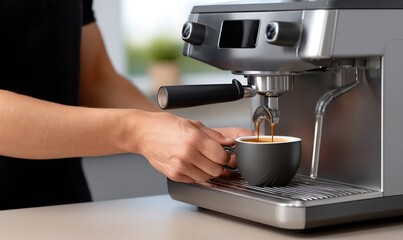 Close-Up of Coffee Brewing Process with Espresso Machine and Hand Holding Cup