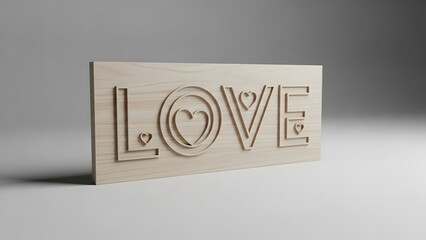 Wooden sign carved with the word 'LOVE' and heart shapes, a rustic romantic decoration.