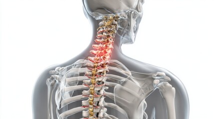 Close-up 3D rendering of a human cervical spine with highlighted pain points