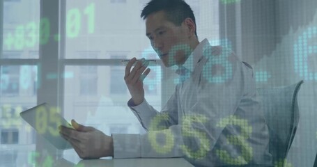 Animation of digital icons over businessman using tablet - Powered by Adobe