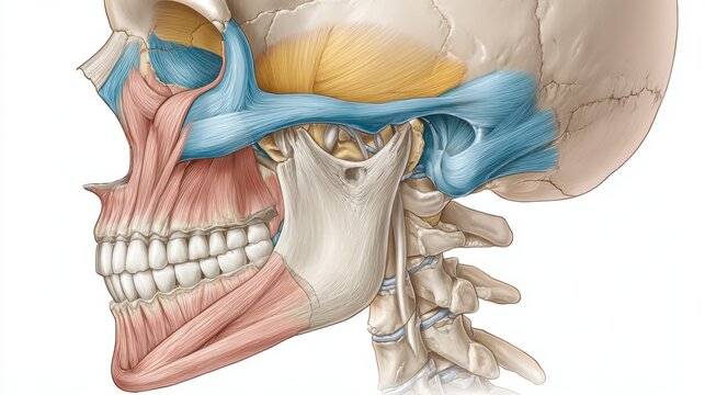 Detailed anatomical illustration of human temporomandibular joint and masticatory muscles